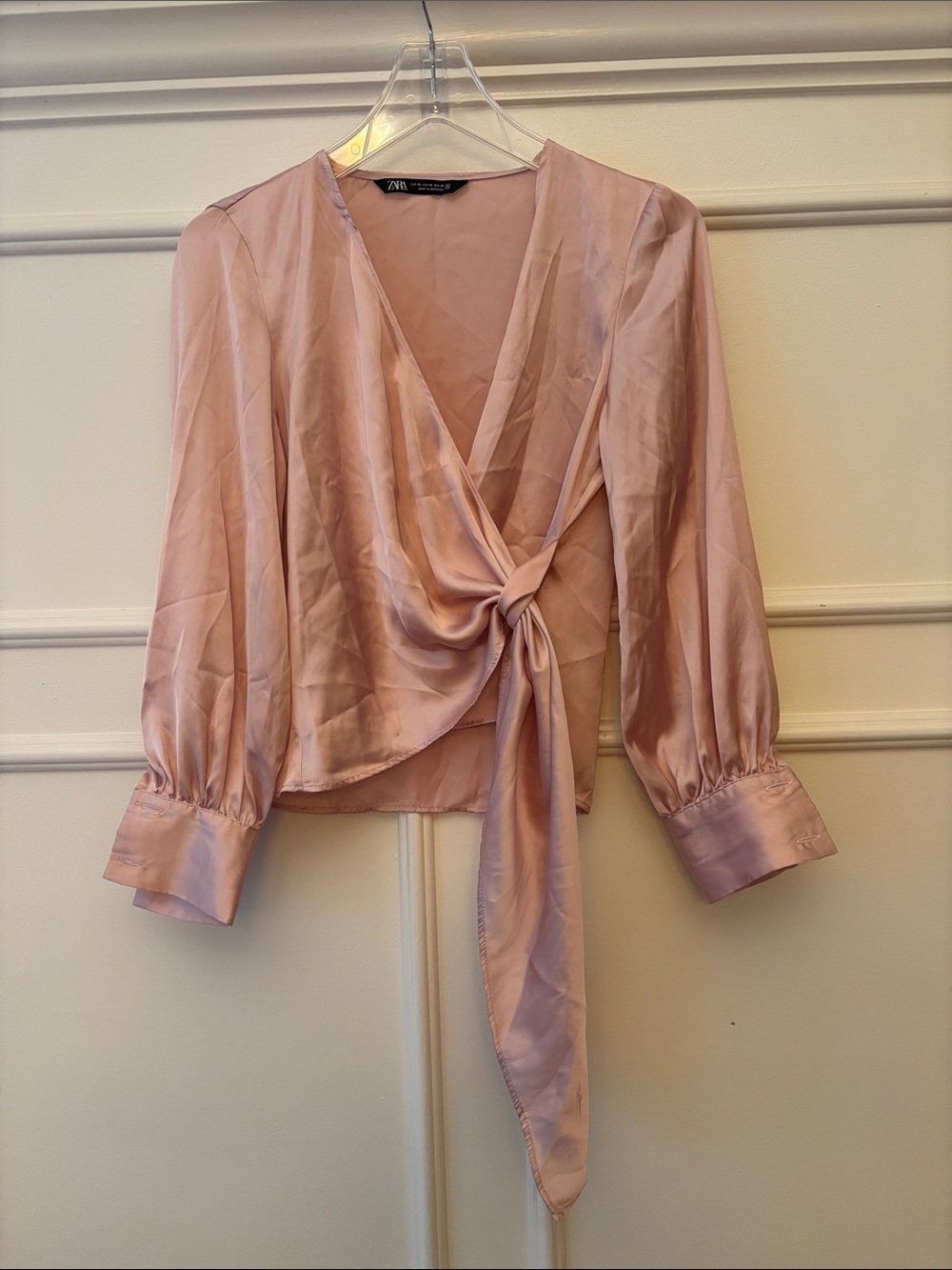 Zara Blush Satin Wrap Tie Blouse